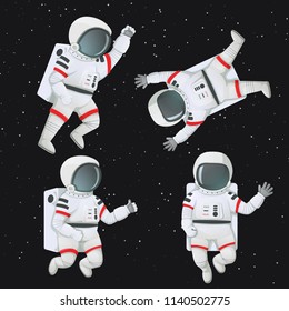 Set of astronauts floating in space in different poses: waving, giving thumbs up, raising fist and flying with limbs akimbo.