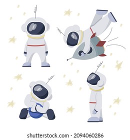 Set of astronauts flying, standing and sitting in space in different poses. Holds planet and flies with rocket. Vector illustration in cartoon flat style, all elements isolated on white background.