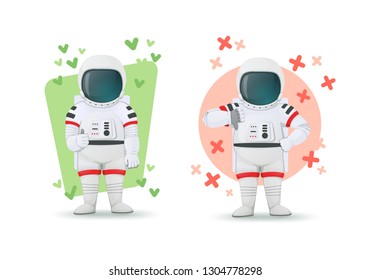 Set of astronauts making gestures of approval and disapproval. One showing thumbs up and other thumbs down sign. Like and dislike poses. Isolated on a white background. Cartoon characters. Vector.