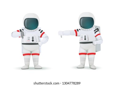 Set of astronauts making gestures of disapproval. One hand akimbo and other showing thumbs down sign. Dislike, rejection pose. Isolated on a white background. Cartoon characters. Vector illustration.