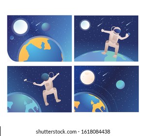 Set of astronauts making selfie in open space. Flat vector illustrations of people moving in no gravity. Floating astronaut, outer space concept for banner, website design or landing web page