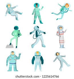 Set of astronauts of men and women dancing in zero gravity and conquering other planets. Drawing illustration.