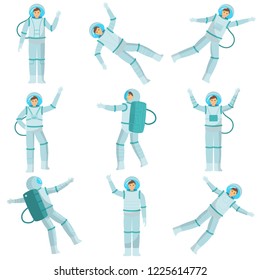 Set of astronauts of men and women dancing in zero gravity and conquering other planets. Drawing illustration.