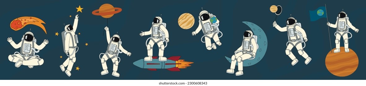 Set of astronauts on blue background