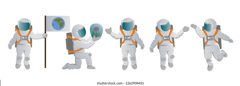 A set of astronauts. People in space suits in various poses. Space exploration. Colonization of Mars and other planets. Vector character