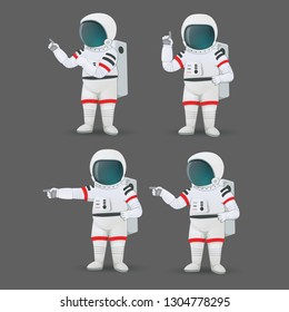 Set of astronauts pointing fingers in different directions isolated on a gray background. Calling for attention, indicating or showing. Vector cartoon characters.