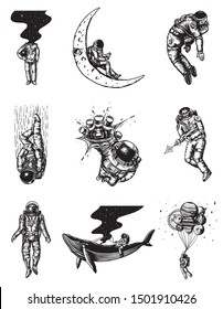 Set of Astronauts in the solar system. Spaceman and whale, taking off cosmonaut, planets in space, balloons and the moon. Engraved hand drawn Old sketch in vintage style.