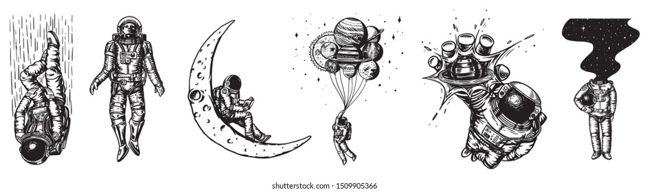 Set of Astronauts in the solar system. Spaceman and whale, taking off cosmonaut, planets in space, balloons and the moon. Engraved hand drawn Old sketch in vintage style.