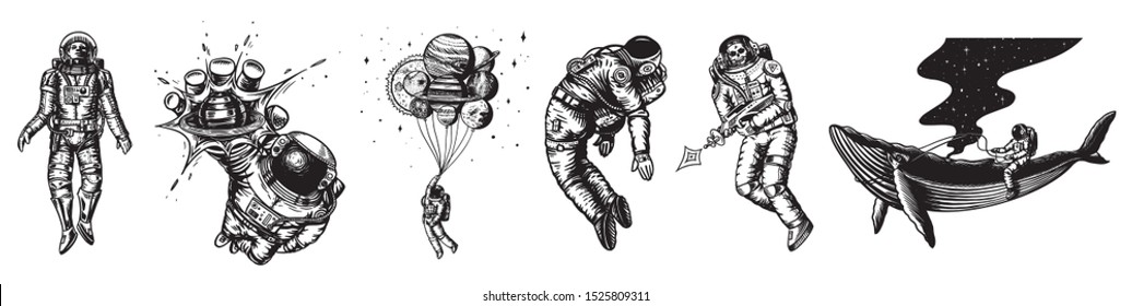 Set of Astronauts in the solar system. Spaceman and whale, taking off cosmonaut, planets in space, balloons and the moon. Engraved hand drawn Old sketch in vintage style.