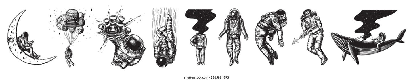 Set of Astronauts in the solar system. Spaceman and whale, taking off cosmonaut, planets in space, balloons and the moon. Engraved hand drawn Old sketch in vintage style.