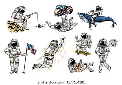 Set of Astronauts in space. Collection soaring spaceman with flag, whale and balloons. dancer musician skateboarder adventure in the galaxy. Homeless traveler engraved hand drawn comic sketch.