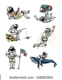 Set of Astronauts in space. Collection soaring spaceman with flag, whale and balloons. dancer musician adventure in the galaxy. Homeless traveler engraved hand drawn comic sketch.