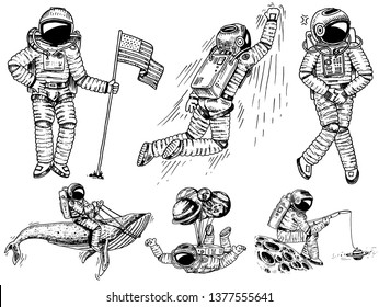 Set of Astronauts in space. Collection soaring spaceman with flag, Dancer musician adventure in the galaxy. Homeless traveler engraved hand drawn pop art comic sketch.