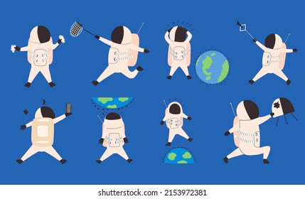 Set Of Astronauts And Space Debris. Earth Orbit Pollution. Vector Illustration