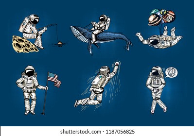 Set of Astronauts in space pop art. Collection soaring spaceman with flag, whale and balloons. dancer musician adventure in the galaxy. Homeless traveler engraved hand drawn comic sketch.