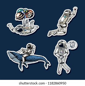 Set of Astronauts in space stickers. Collection soaring spaceman whale and balloons. dancer musician adventure in the galaxy. Homeless traveler engraved hand drawn comic sketch.