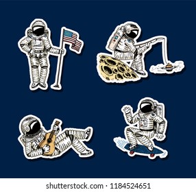 Set of Astronauts in space stickers. Collection soaring spaceman with flag. dancer musician adventure in the galaxy. Homeless traveler engraved hand drawn comic sketch.