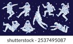 Set of astronauts in a space suit and helmet floating in space in different poses. Weightlessness. Cosmonauts. Exploration of the universe. Cartoon style. Vector illustration on a dark background.