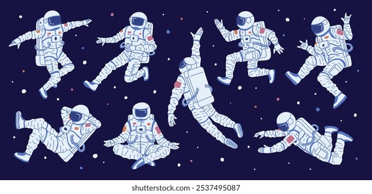 Set of astronauts in a space suit and helmet floating in space in different poses. Weightlessness. Cosmonauts. Exploration of the universe. Cartoon style. Vector illustration on a dark background.