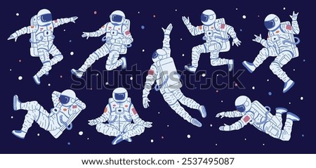Set of astronauts in a space suit and helmet floating in space in different poses. Weightlessness. Cosmonauts. Exploration of the universe. Cartoon style. Vector illustration on a dark background.