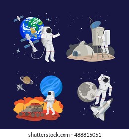 Set of astronauts in space, working and landing on different planets. Earth, mars, moon and space ships vector illustration