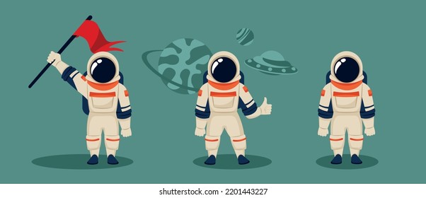 Set of astronauts in a spacesuit in cartoon style. Vector illustration of space travelers who stand, show class, wear a flag on blue background with planets and ufo.