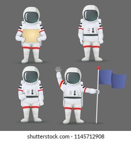 Set of astronauts standing with different gestures: giving thumbs up, holding sign, flag, and waving isolated on grey background. 