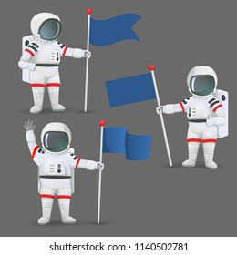 Set of astronauts standing and holding flags with different gestures: giving thumbs up sign, waving and with one arm akimbo. Vector illustration isolated on grey background.