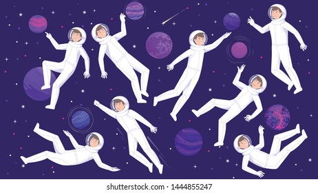 Set of astronauts in weightlessness of outer space. Vector flat illustration.