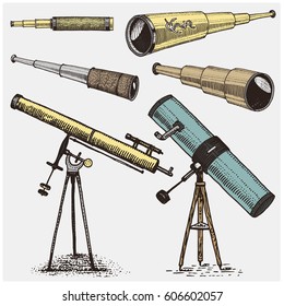 set of astronomical instruments, telescopes oculars and binoculars, quadrant, sextant engraved in vintage hand drawn or wood cut style , old sketch glasses.