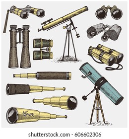 set of astronomical instruments, telescopes oculars and binoculars, quadrant, sextant engraved in vintage hand drawn or wood cut style , old sketch glasses.