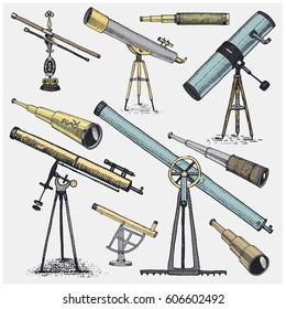 Satz astronomischer Instrumente, Teleskope und Ferngläser, Quadranten, Sextanten, die in handgezeichnet oder Holzschnitt graviert wurden, alte Skizzenbrille.