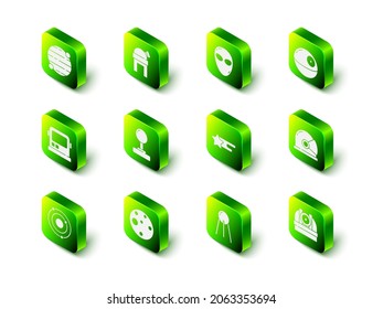 Set Astronomical observatory, Alien, Death star, Astronaut helmet, Falling, Satellite and Planet Mars icon. Vector