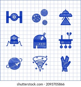 Set Astronomical observatory, Black hole, Vulcan salute, Mars rover, Planet, UFO flying spaceship and Cosmic icon. Vector