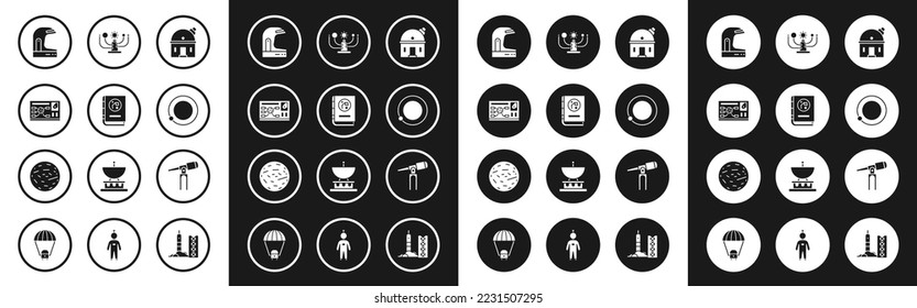 Set Astronomical observatory, Book by astronomy, Futuristic hud interface, Astronaut helmet, Satellites orbiting the planet Earth, Solar system, Telescope and Planet Venus icon. Vector