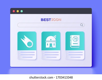 Set Astronomical observatory, Comet falling down fast and Book by astronomy icon. Vector