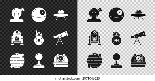 Fijar observatorio astronómico, estrella de la muerte, nave espacial voladora de OVNI, Planeta, Joystick, Robot e ícono. Vector