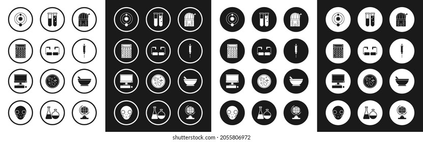 Set Astronomical observatory, Glasses, Calculator, Solar system, Syringe, Test tube and flask chemical laboratory, Mortar pestle and Computer monitor with keyboard mouse icon. Vector
