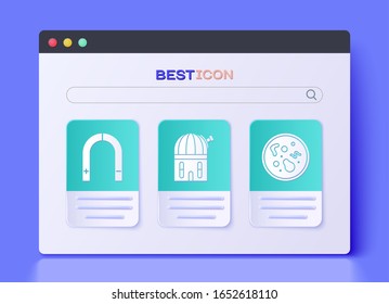 Set Astronomical observatory, Magnet and Bacteria icon. Vector