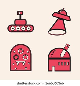 Set Astronomical observatory, Mars rover, UFO flying spaceship and Alien icon. Vector