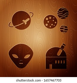 Set Astronomical observatory, Planet, Alien and Planet on wooden background. Vector