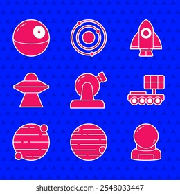 Set Astronomical observatory, Planet, Astronaut helmet, Mars rover, UFO flying spaceship, Rocket and Death star icon. Vector