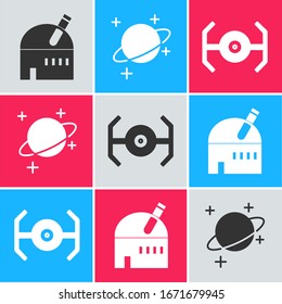 Set Astronomical observatory, Planet and Cosmic ship icon. Vector