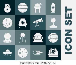 Set Astronomical observatory, Planet, Joystick, Mars rover, Earth globe, Robot and Telescope icon. Vector