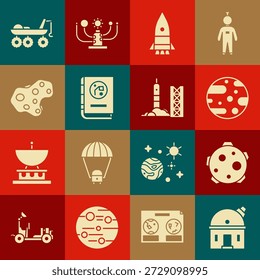 Set Astronomische Sternwarte, Planet, Mars, Raketenschiff, Book by astronomy, Asteroid, Rover und Start aus dem Weltraumhafen-Symbol. Vektorgrafik
