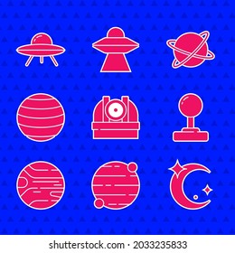 Set Astronomical observatory, Planet, Moon and stars, Joystick, Venus, Satellites orbiting the planet and UFO flying spaceship icon. Vector