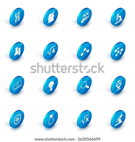 Set Astronomical observatory, Radioactive, Microscope, Test tube and flask, Square root of x glyph, 4, Molecule and  icon. Vector