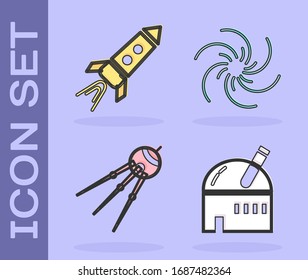 Set Astronomical observatory, Rocket ship with fire, Satellite and Black hole icon. Vector