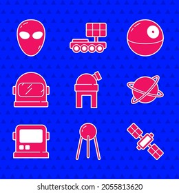 Set Astronomical observatory, Satellite, Satellites orbiting the planet, Astronaut helmet, Death star and Alien icon. Vector