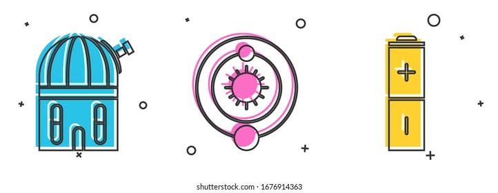 Set Astronomical observatory, Solar system and Battery icon. Vector